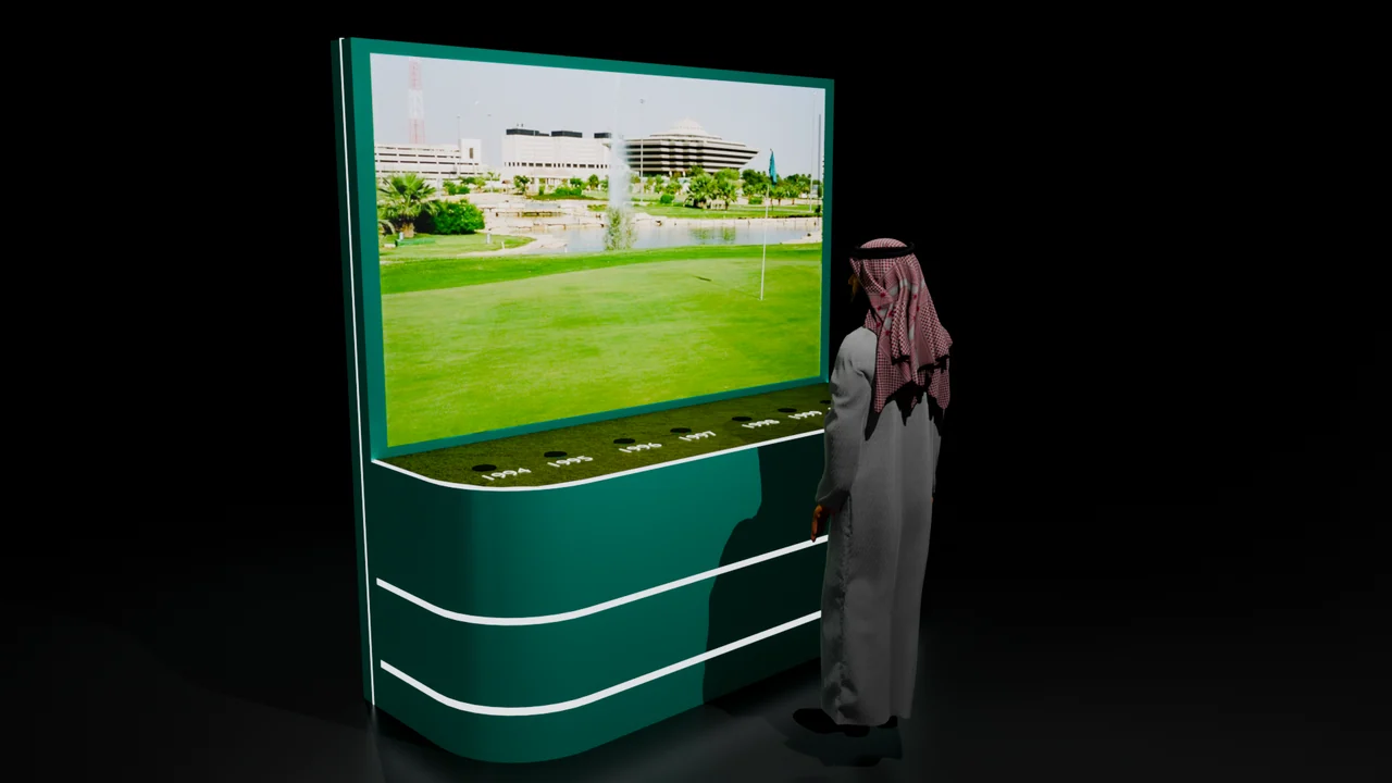 Teal curved display counter with a landscape screen, year labels, circular controls and a human scale figure.