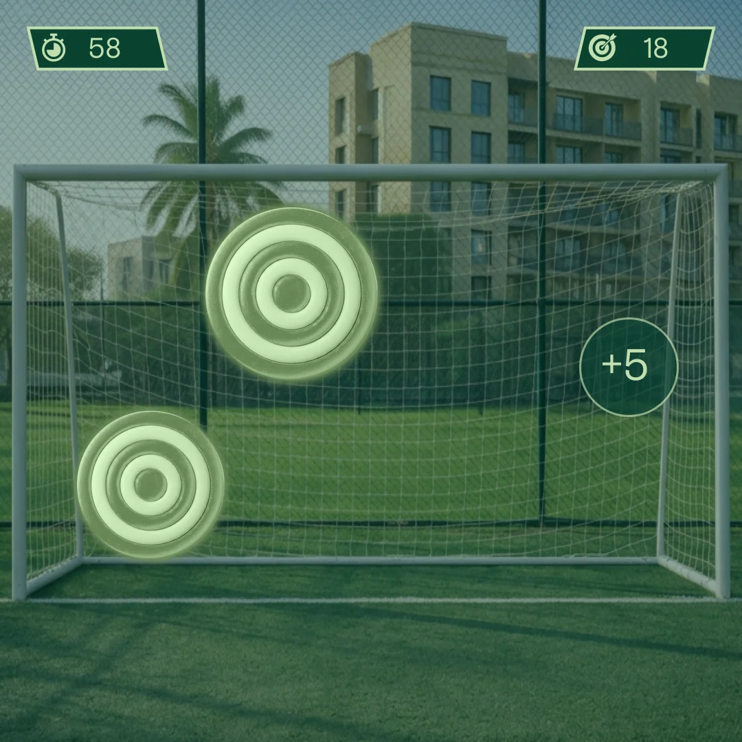 Football goal interface with two glowing circular targets, timer 58, target score 18 and a +5 marker.