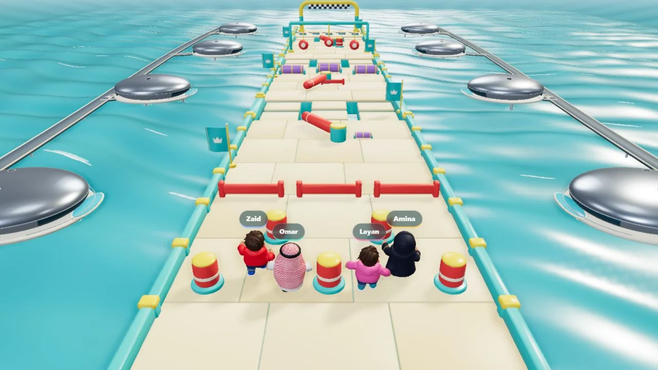 Four named characters line up on a floating obstacle course, with barriers, rotating hazards and a checkered finish over turquoise water.