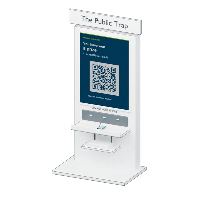 White security-awareness kiosk with a prize QR prompt above a phone-charging shelf.