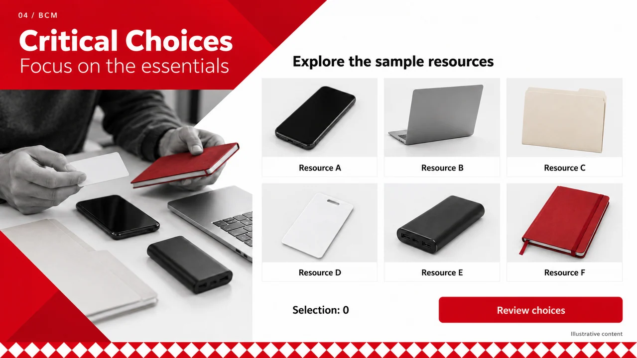 Red-and-white Critical Choices screen with six resource cards, a selection counter and a red Review choices button.