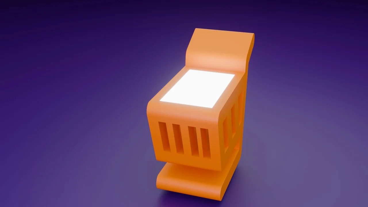 Orange sloped-screen podium with open vertical slots and a blank white display on a purple ground.