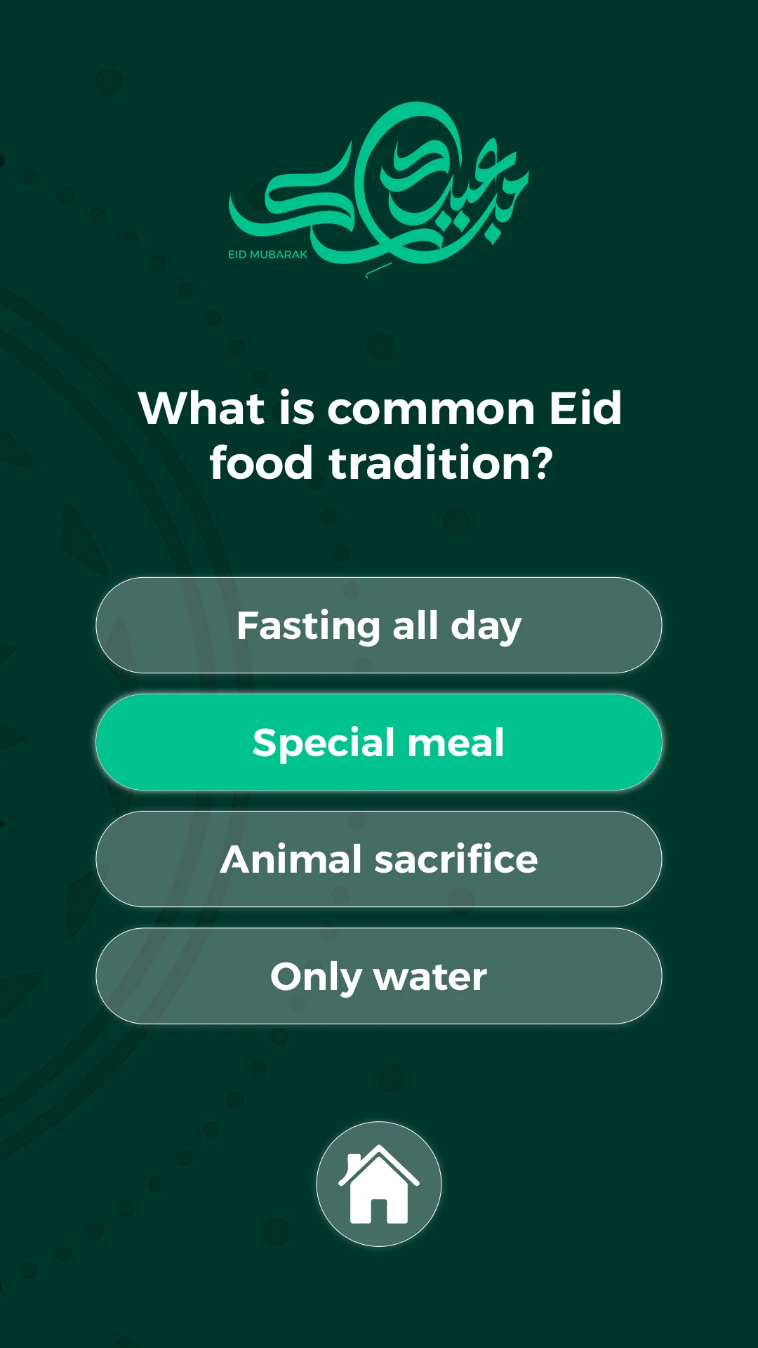 Portrait Eid quiz artboard with four answer options and a highlighted answer.