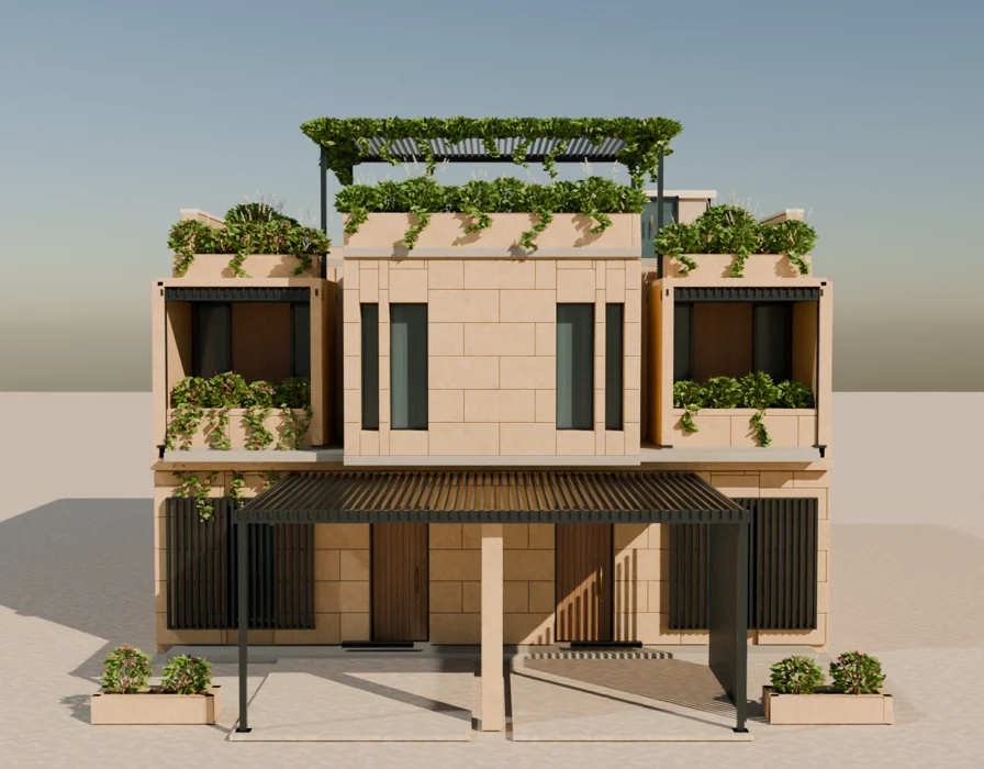 Front render of a stone townhouse with shaded windows, planted balconies and a rooftop pergola.