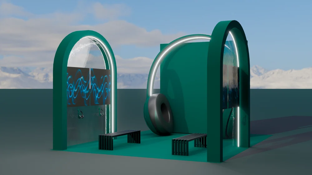 Green headphone-shaped listening installation with waveform screens, hooks and benches.