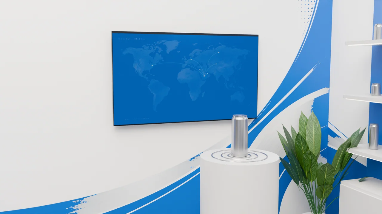 The map screen and can display place reflective metal against the white plinth and blue-and-white wall treatment.