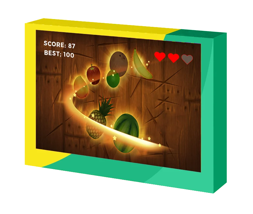 Yellow-and-green rectangular display surround framing a fruit-slicing game image with score and heart indicators.