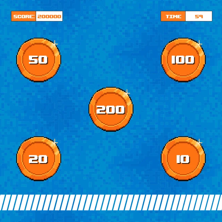 Blue pixel-style game screen with five orange point targets, a score readout and remaining time.