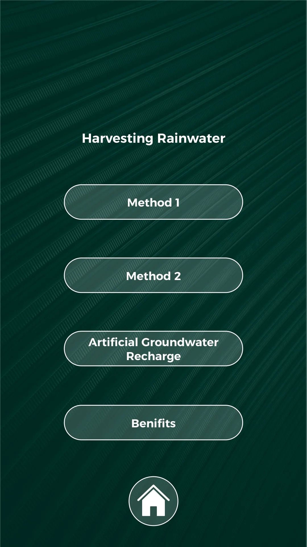 Green portrait rainwater-learning menu with four translucent buttons and a separate home icon.
