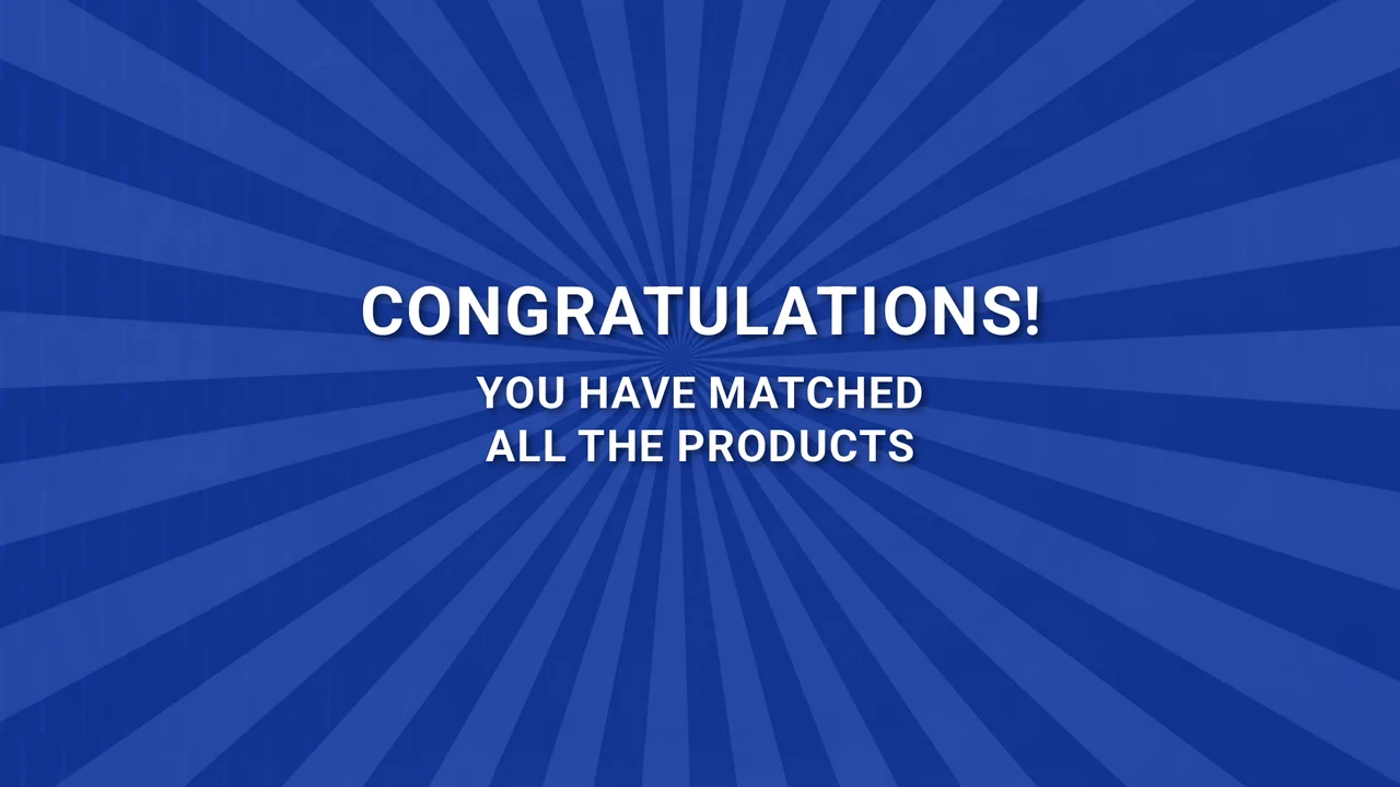 Blue memory-game interface. Completion artwork for matching every product pair.