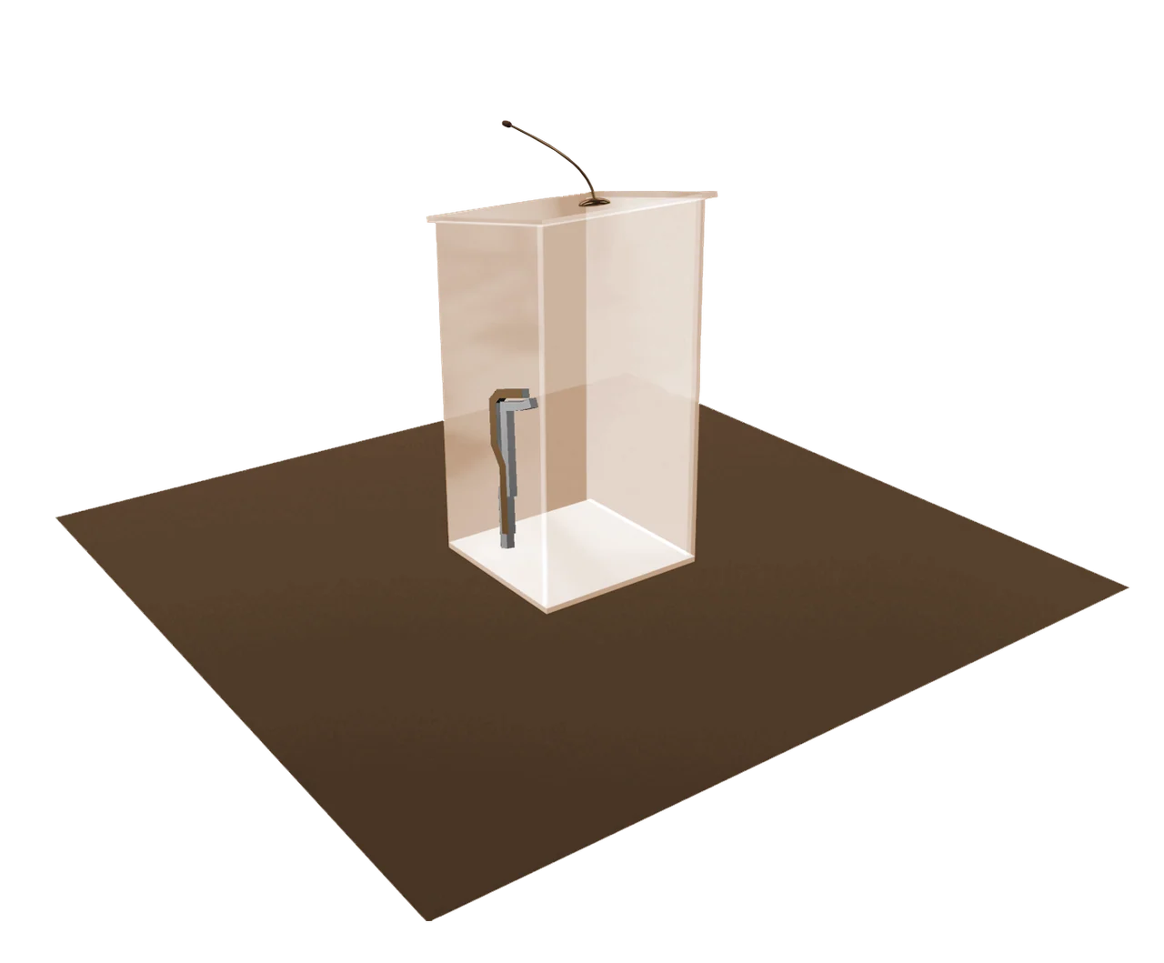 Translucent lectern with a sloped top and curved microphone on a brown ground plane, with the front logo removed through native layer visibility.