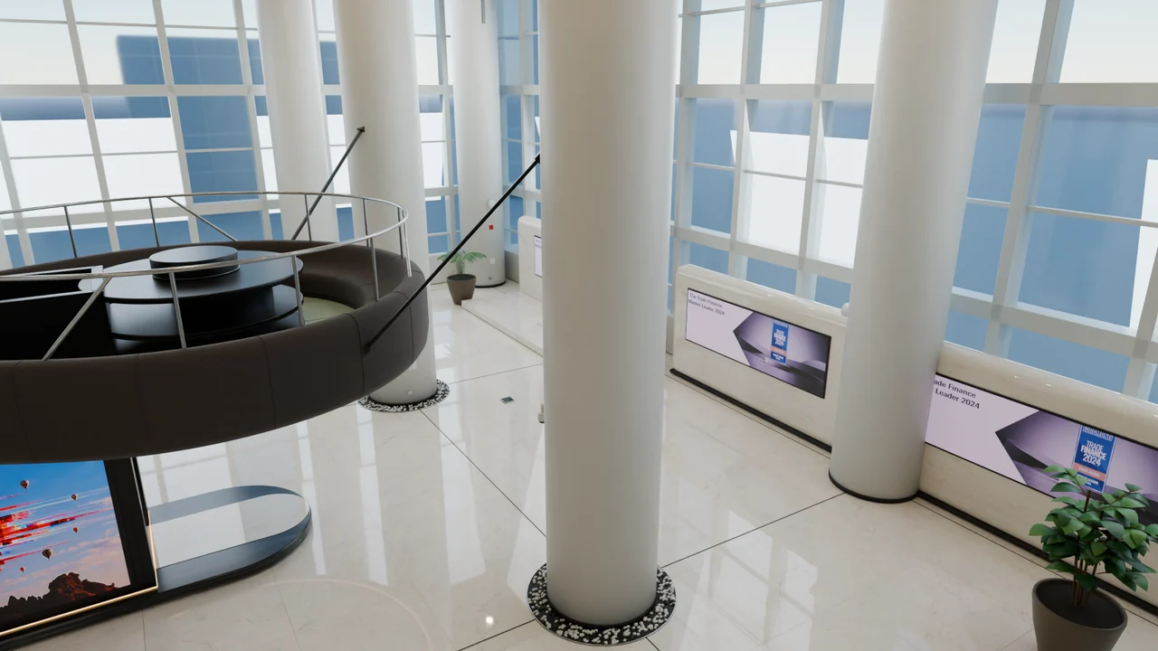 An elevated view shows the suspended pod, its curved edge and the relationship between the upper level and the atrium below.
