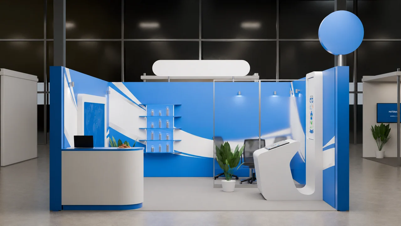 The front composition brings together the white kiosk, blue walls, compact shelving and glass-divided seating.