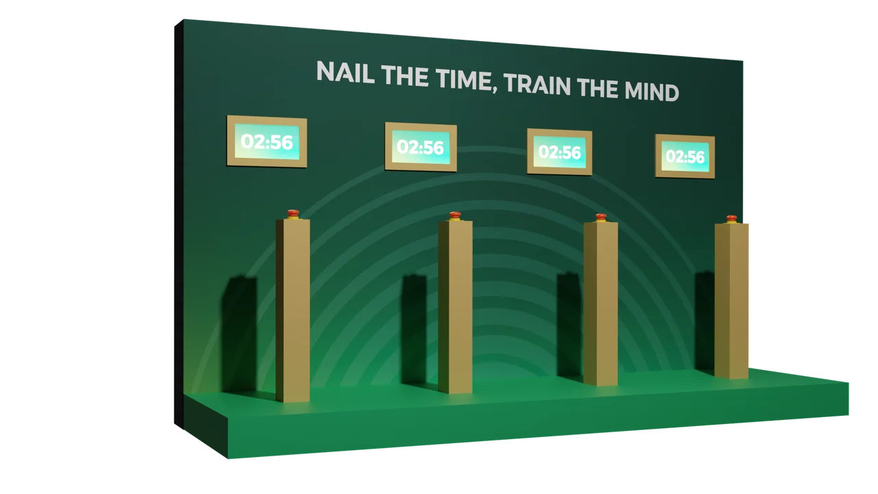 Green wall concept with four gold-framed timer displays above four red-button plinths.