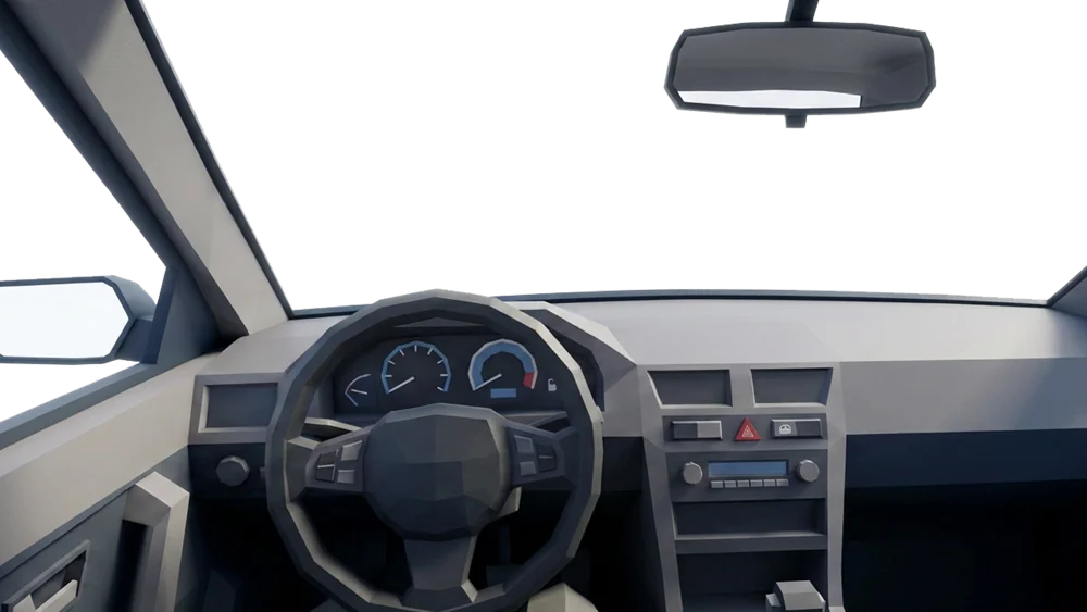A low-poly car interior overlay showing a steering wheel, dashboard and rear-view mirror.