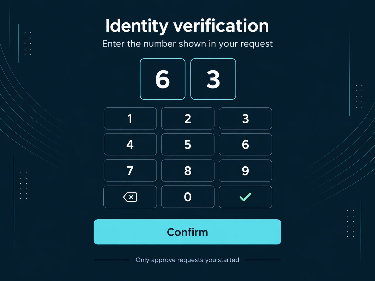 A tablet-style verification screen with a two-digit number and large numeric keypad.