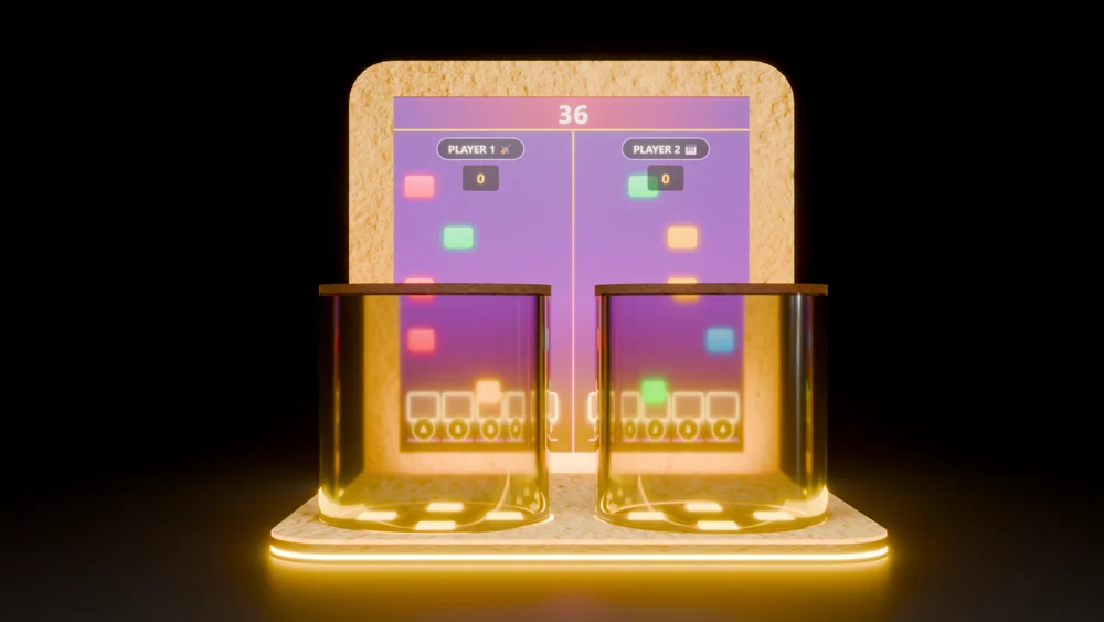 Warm illuminated two-player rhythm-game installation with clear curved controller stands.
