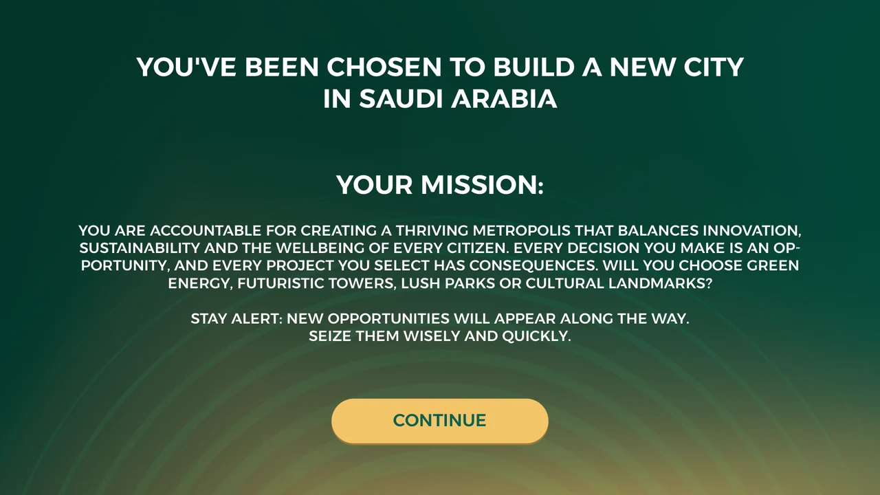 A city-building mission screen with a single Continue action.
