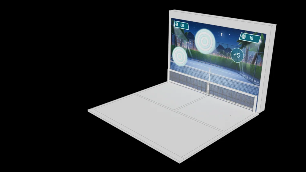 White tennis target display with a low net and floor platform, shown from an oblique angle.