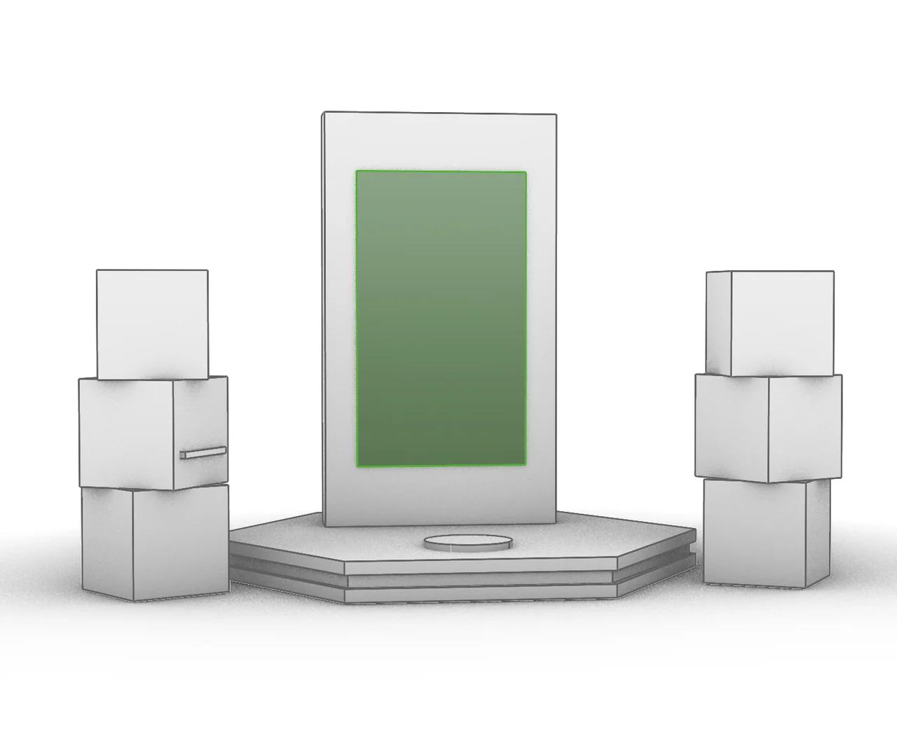 Gray installation study with a green portrait screen, circular floor pad and stacked cuboid side towers.