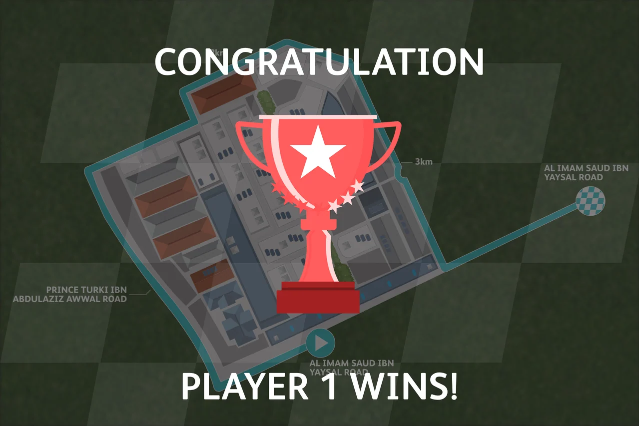 Dimmed route map with a red trophy and a Player 1 winner message.