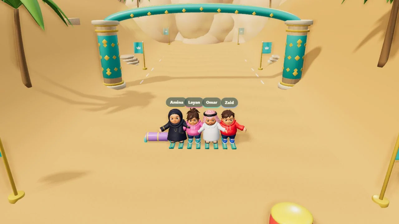 The four-character lineup wears skis at the start of a dune course, framed by palms and a turquoise gateway.