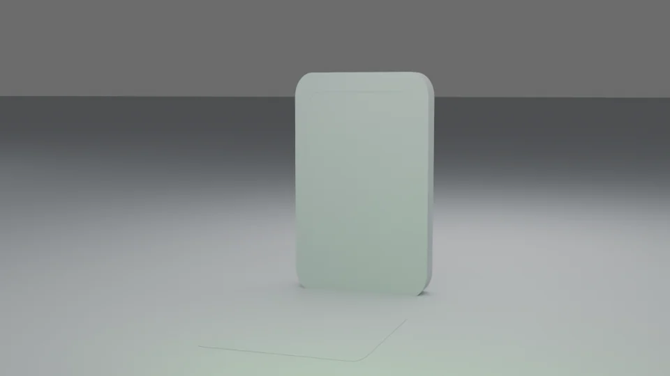 A neutral technical view of a rounded upright display behind a low rectangular floor pad.