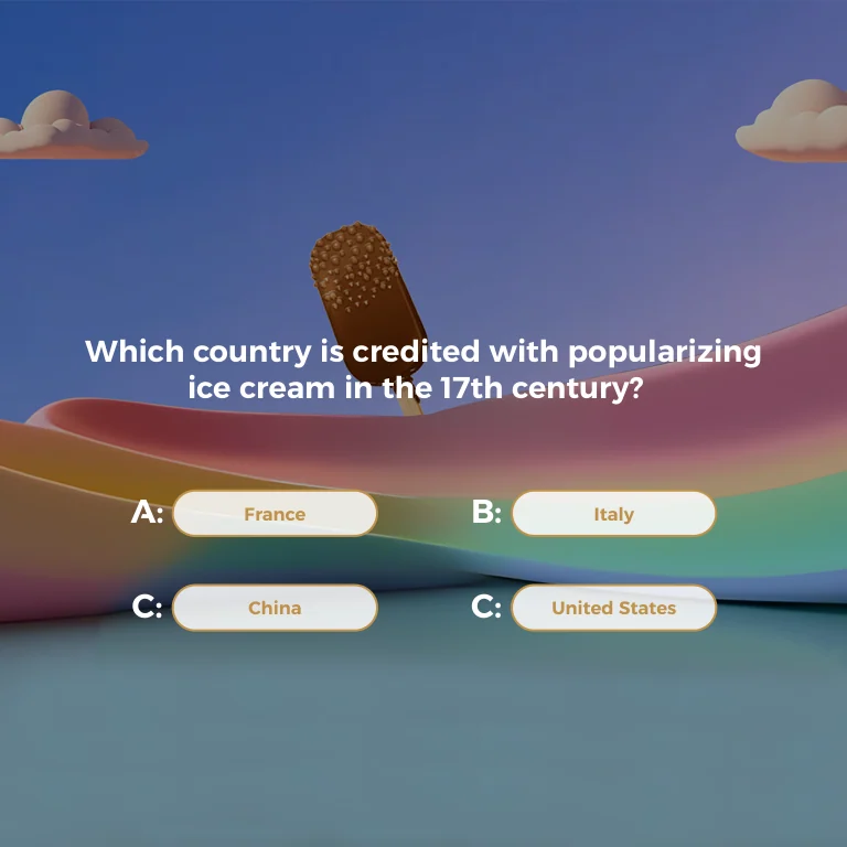 Square ice-cream trivia screen with a pastel landscape, chocolate-coated ice-cream illustration and four answer buttons.