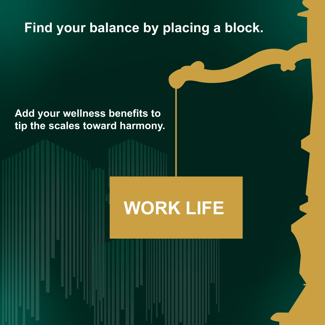 Square green instruction panel with a gold balance-scale pan labeled WORK LIFE and block-placement instructions.