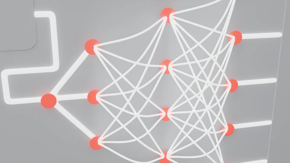 A native close view of raised white connecting lines and coral-red nodes on the process wall.