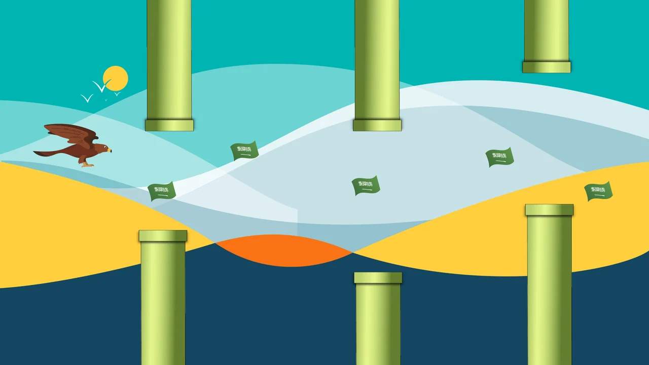 Falcon game concept with green pipe obstacles, small flag elements and colorful layered hills.