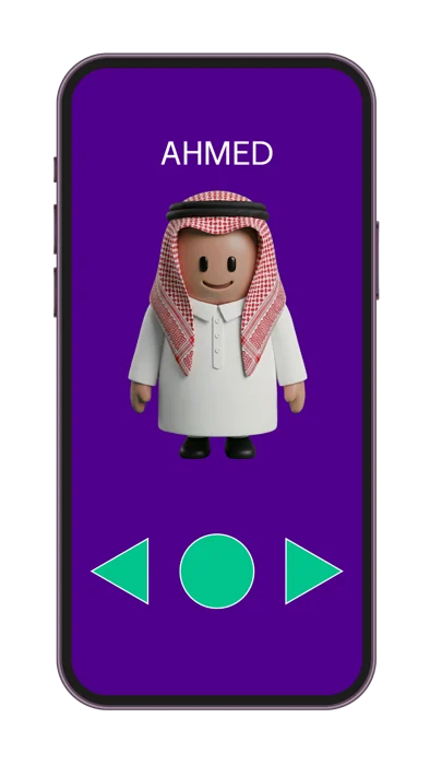 A purple phone interface showing a character above left, center and right controls.