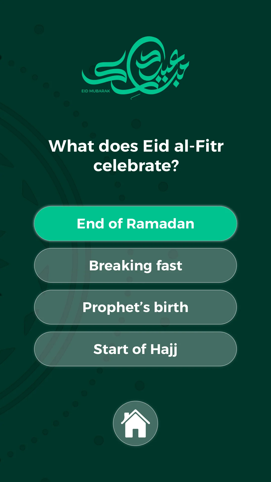 Portrait Eid quiz artboard with four answer options and a highlighted answer.