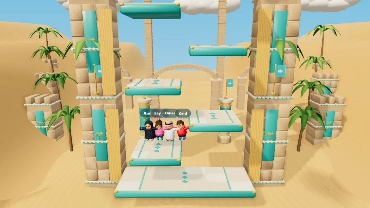 A vertical course stacks turquoise platforms between desert towers, keeping the four characters and the climb visible together.