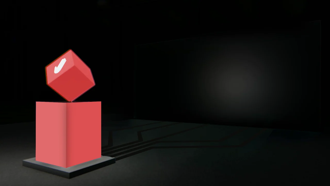 Red cube with a hand symbol above an unbranded red podium, beside a dark screen and unlit floor traces.