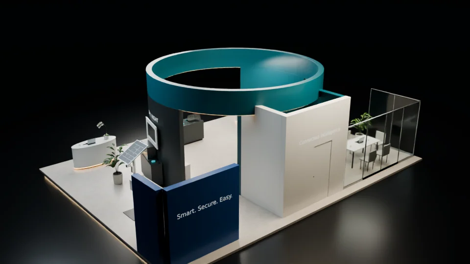 A rear native view of the circular booth with a service door, rear partitions and a glass meeting area.