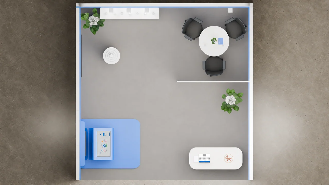 The top view completes option B1, showing how the rendered zones sit within the supplied booth layout.