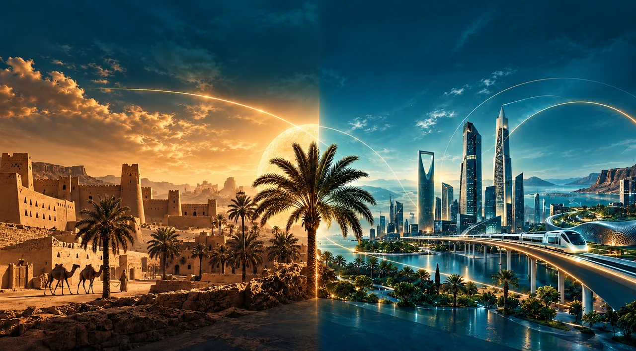 Split composition of earthen desert architecture and a futuristic skyline, joined by a palm tree and arcs of light.