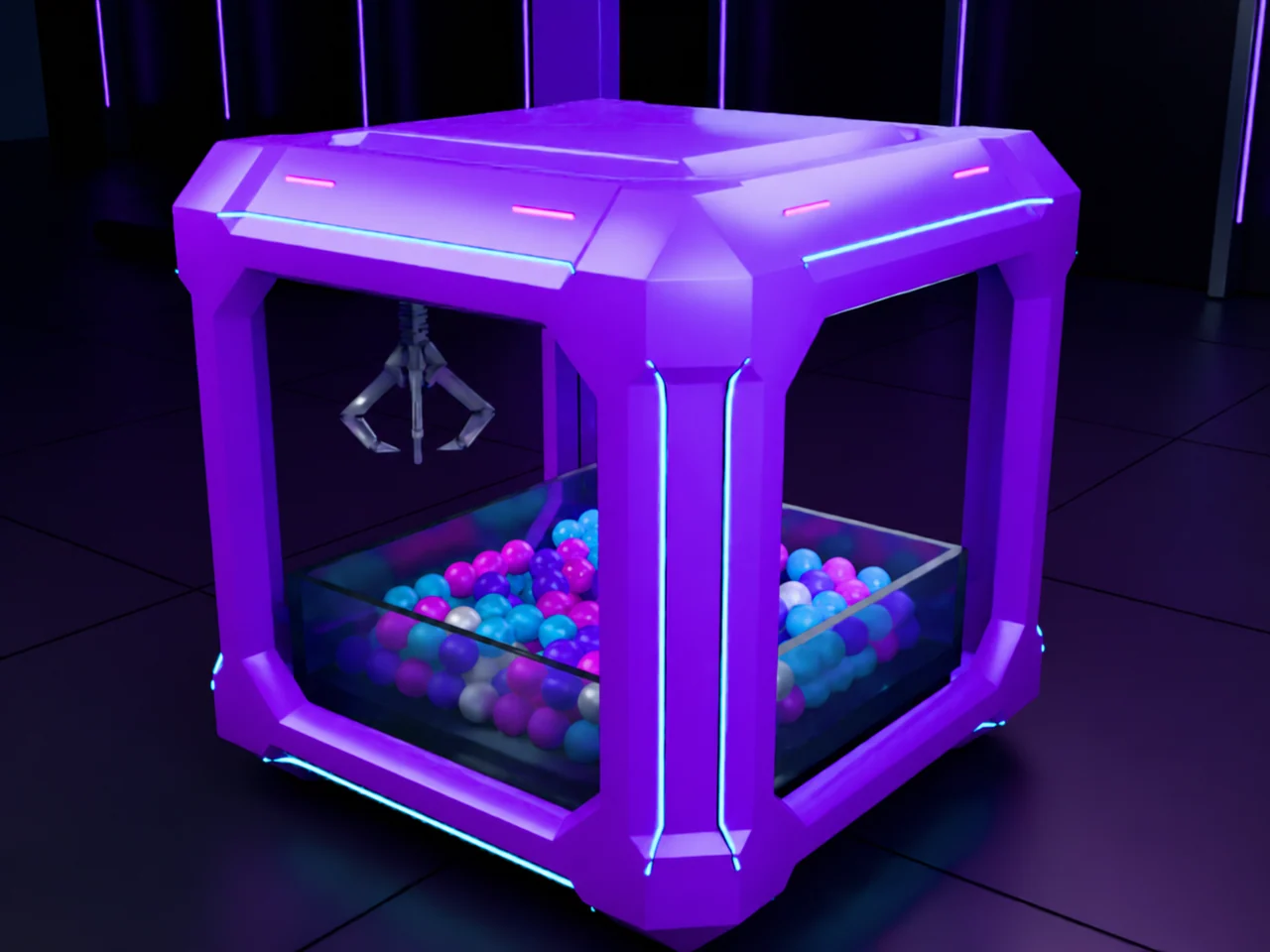 Purple glass-front claw display concept with cyan light strips and a field of blue and magenta balls.