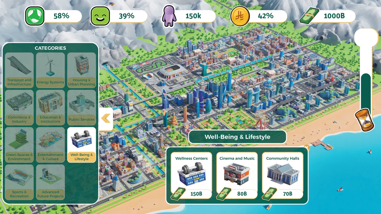 Wellbeing and lifestyle in a city-building interface, with an illustrated isometric city and colored metric indicators.