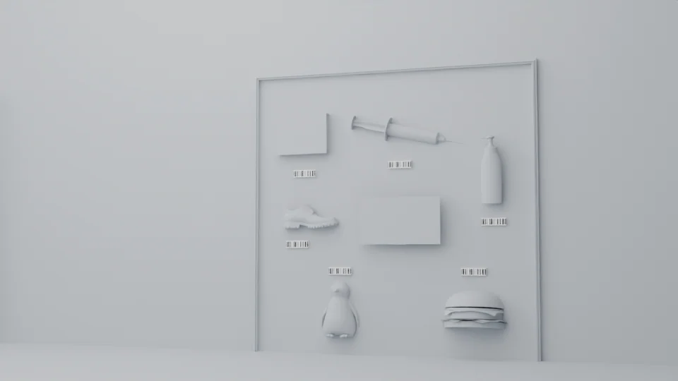 A neutral technical activity wall with everyday-item props and six recovered barcode labels.