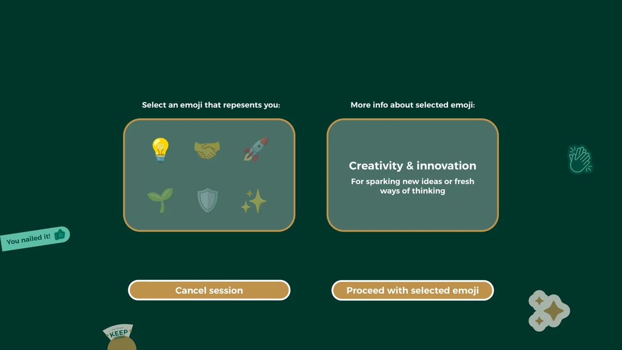 Green landscape emoji-selection screen with six symbols, a creativity explanation panel and two gold action buttons.