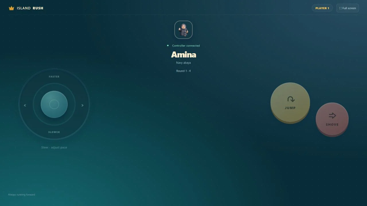 The controller retains Amina’s portrait and the control layout while the center displays the round and countdown status.