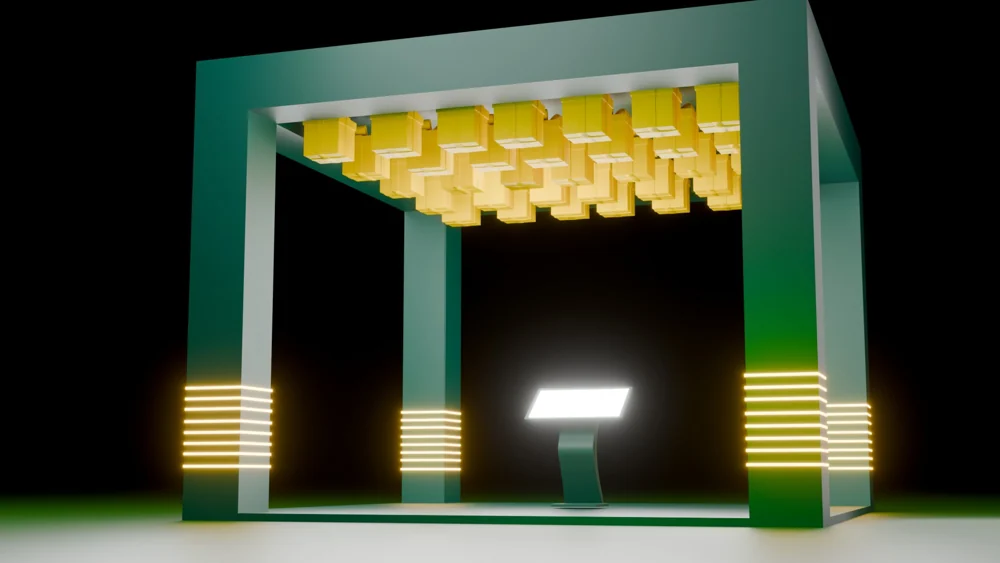 Open green pavilion with illuminated columns, hanging gold lantern forms and a central podium.