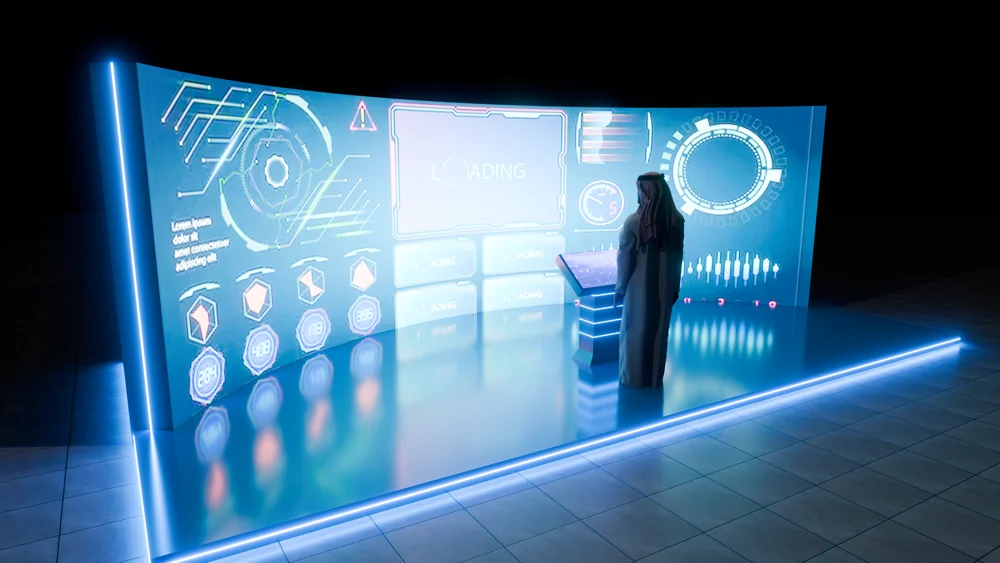 Curved multi-screen installation concept with an illuminated podium and a person for scale.