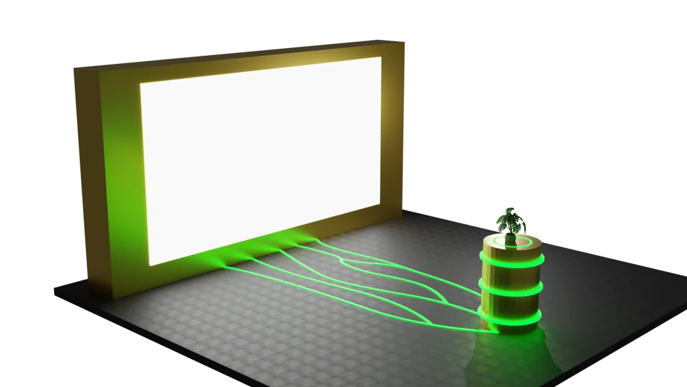Green light paths connect a plant-topped cylindrical station to a large screen.