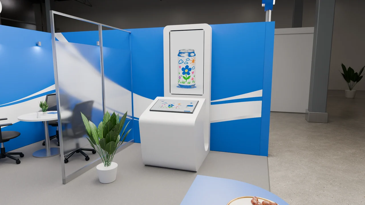 The kiosk’s pale surface is framed against saturated blue walls, with the two screen faces and their surrounding material edges visible.