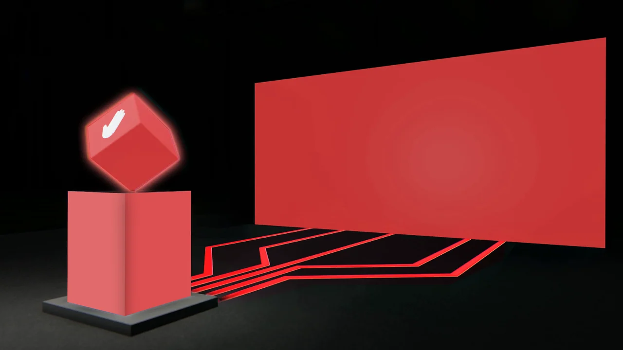 Illuminated red cube with a hand symbol above a podium, linked by glowing floor traces to a large red screen.