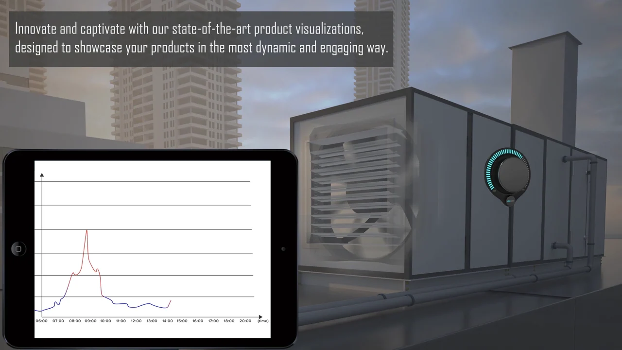 Rendered rooftop equipment with a circular control overlay, a tablet graph and a promotional text panel.