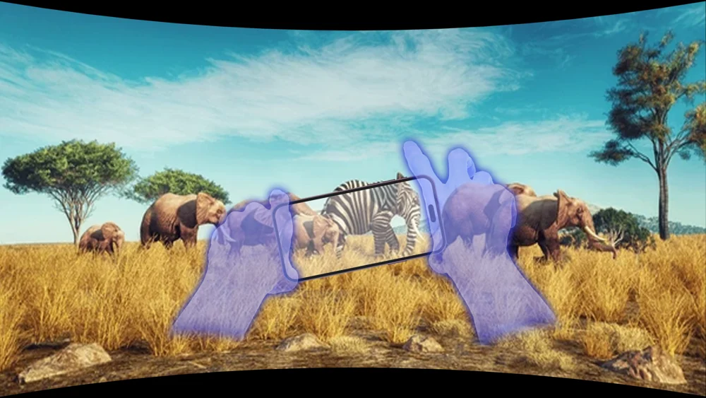 Curved wildlife panorama with an overlaid phone view and translucent hands.
